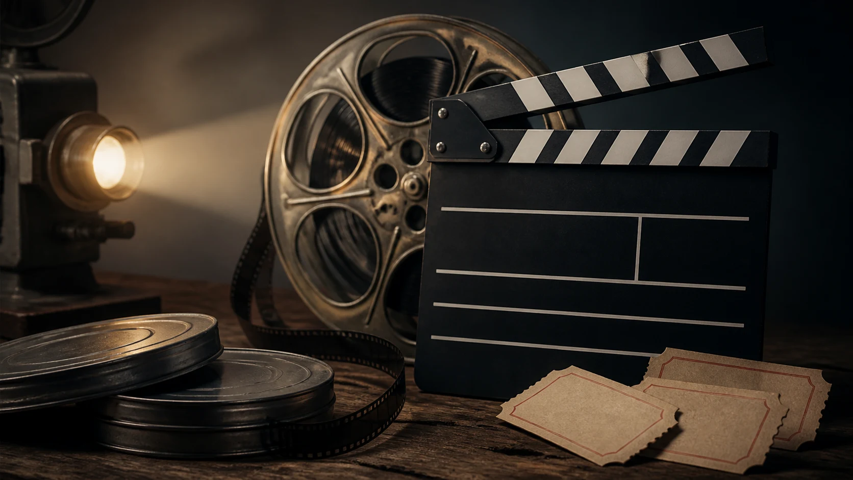 Filmska traka, stari projektor i prazna klapa na stolu