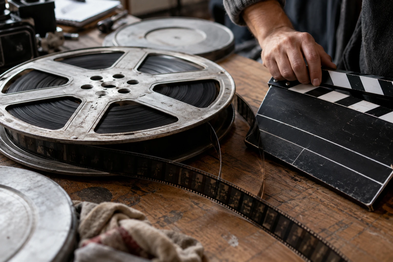 Metalni filmski kolut i klapa bez natpisa na radnom stolu